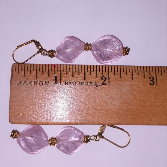 Handmade Pink Glass Dangle Earrings With Gold Tone Brass Lever Hooks 2.5 inches - Picture 16 of 16